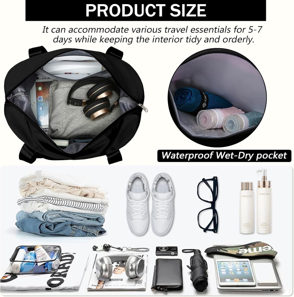 Rolling Duffle Bag with Detachable Wheels Expandable Foldable Duffle Bag for Travel Luggage bag Carry on Weekend Travel Bag (Black)