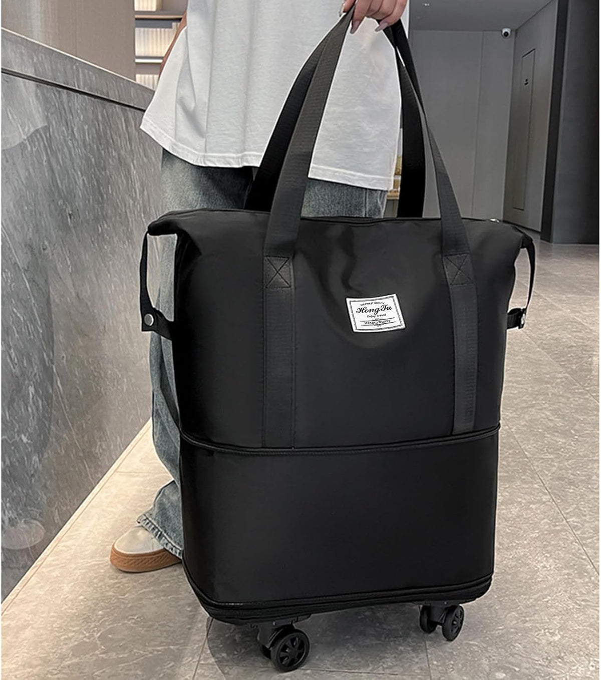 Rolling Duffle Bag with Detachable Wheels Expandable Foldable Duffle Bag for Travel Luggage bag Carry on Weekend Travel Bag (Black)