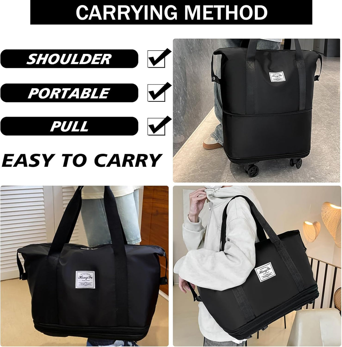 Rolling Duffle Bag with Detachable Wheels Expandable Foldable Duffle Bag for Travel Luggage bag Carry on Weekend Travel Bag (Black)