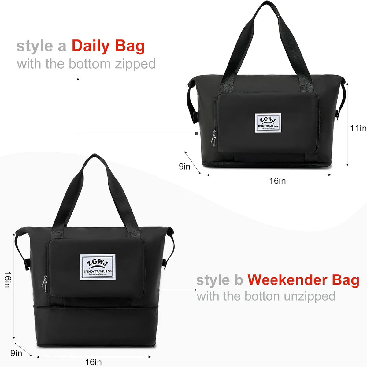Travel Tote Bags, Expandable Overnight Weekender Bag for Women Foldable Carry-On | Expandable