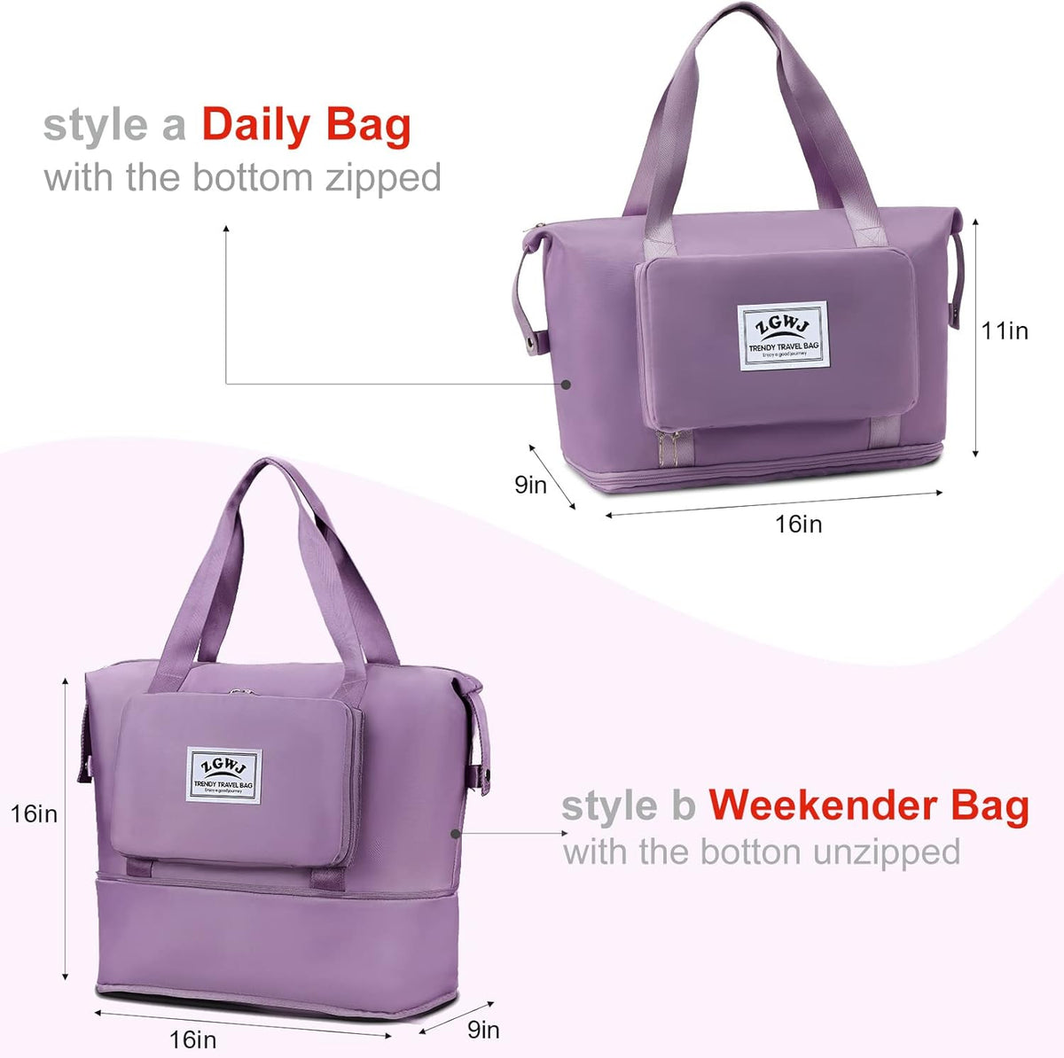 Travel Tote Bags, Expandable Overnight Weekender Bag for Women Foldable Carry-On | Expandable