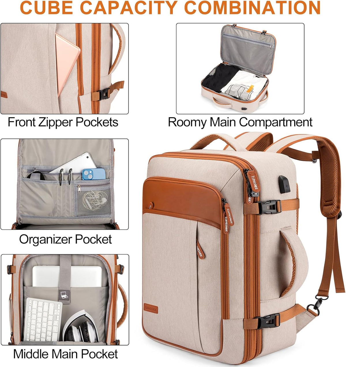 Carry on Travel Backpacks, Extra Large 40L Flight Approved Bag for Men & Women,Expandable Suitcase Backpack With 4 Packing Cubes,Water Resistant Luggage Daypack Business Weekender Bag, Grey