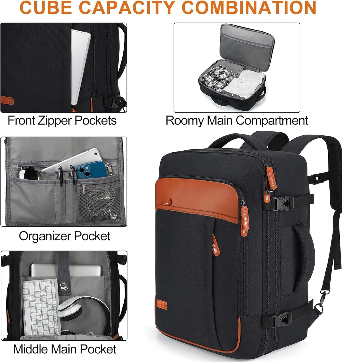Carry on Travel Backpacks, Extra Large 40L Flight Approved Bag for Men & Women,Expandable Suitcase Backpack With 4 Packing Cubes,Water Resistant Luggage Daypack Business Weekender Bag, Grey