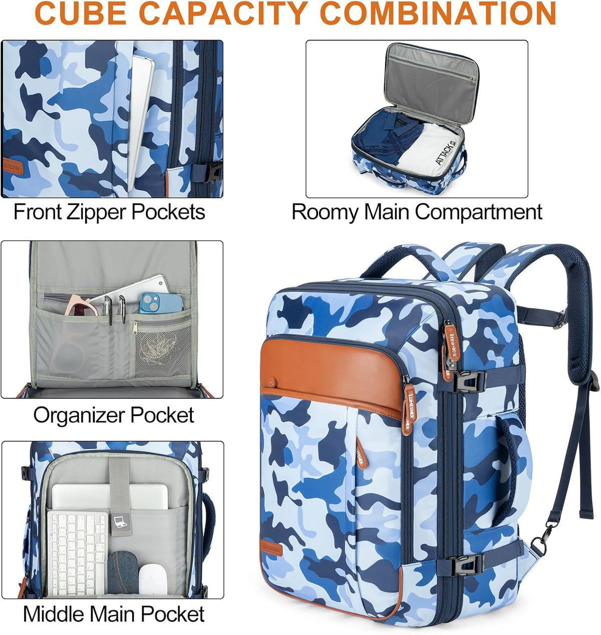 Carry on Travel Backpacks, Extra Large 40L Flight Approved Bag for Men & Women,Expandable Suitcase Backpack With 4 Packing Cubes,Water Resistant Luggage Daypack Business Weekender Bag, Grey