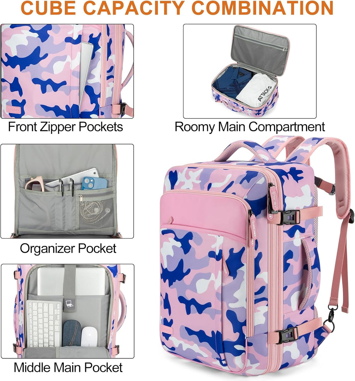 Carry on Travel Backpacks, Extra Large 40L Flight Approved Bag for Men & Women,Expandable Suitcase Backpack With 4 Packing Cubes,Water Resistant Luggage Daypack Business Weekender Bag, Grey