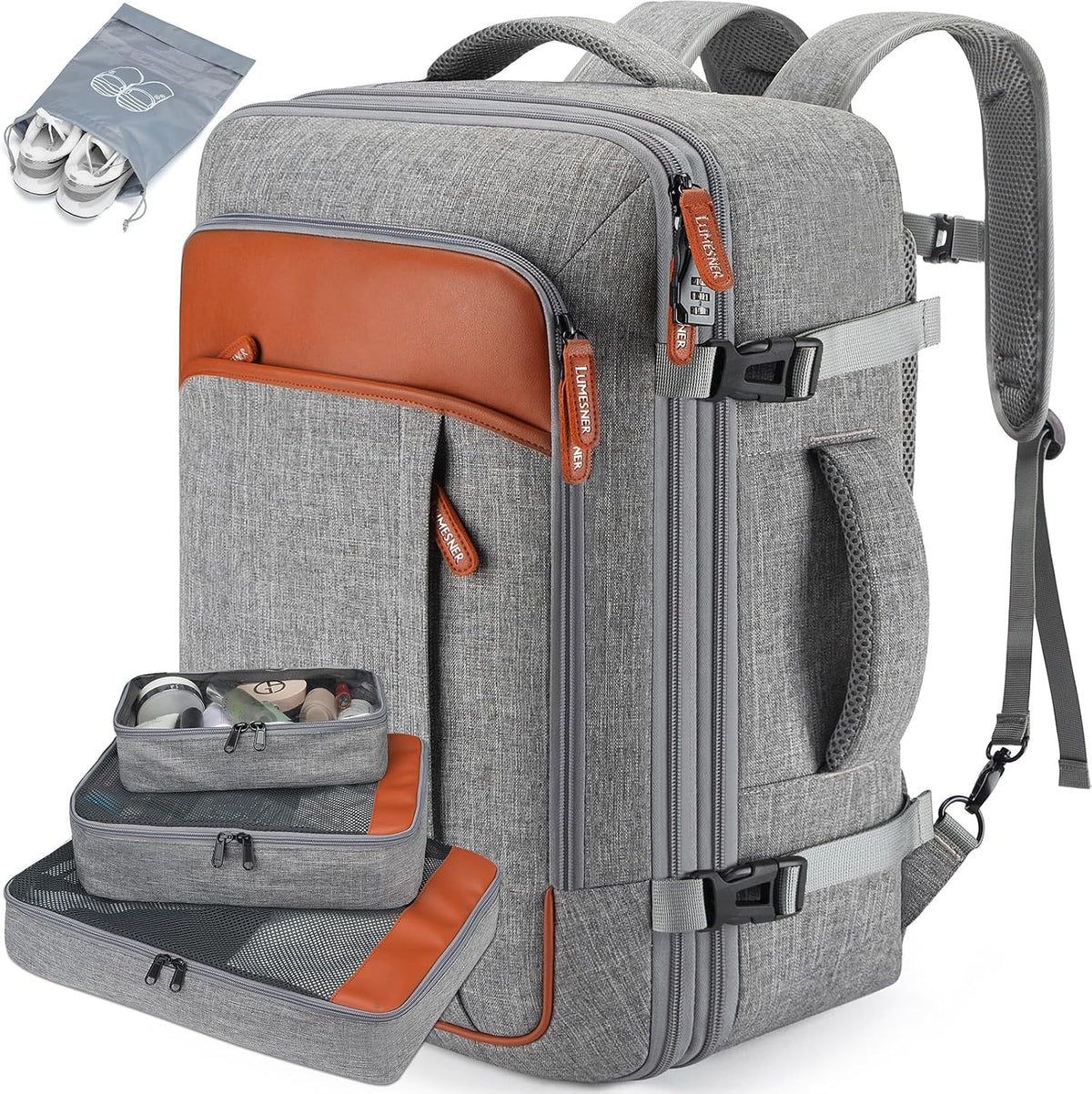 Carry on Travel Backpacks, Extra Large 40L Flight Approved Bag for Men & Women,Expandable Suitcase Backpack With 4 Packing Cubes,Water Resistant Luggage Daypack Business Weekender Bag, Grey