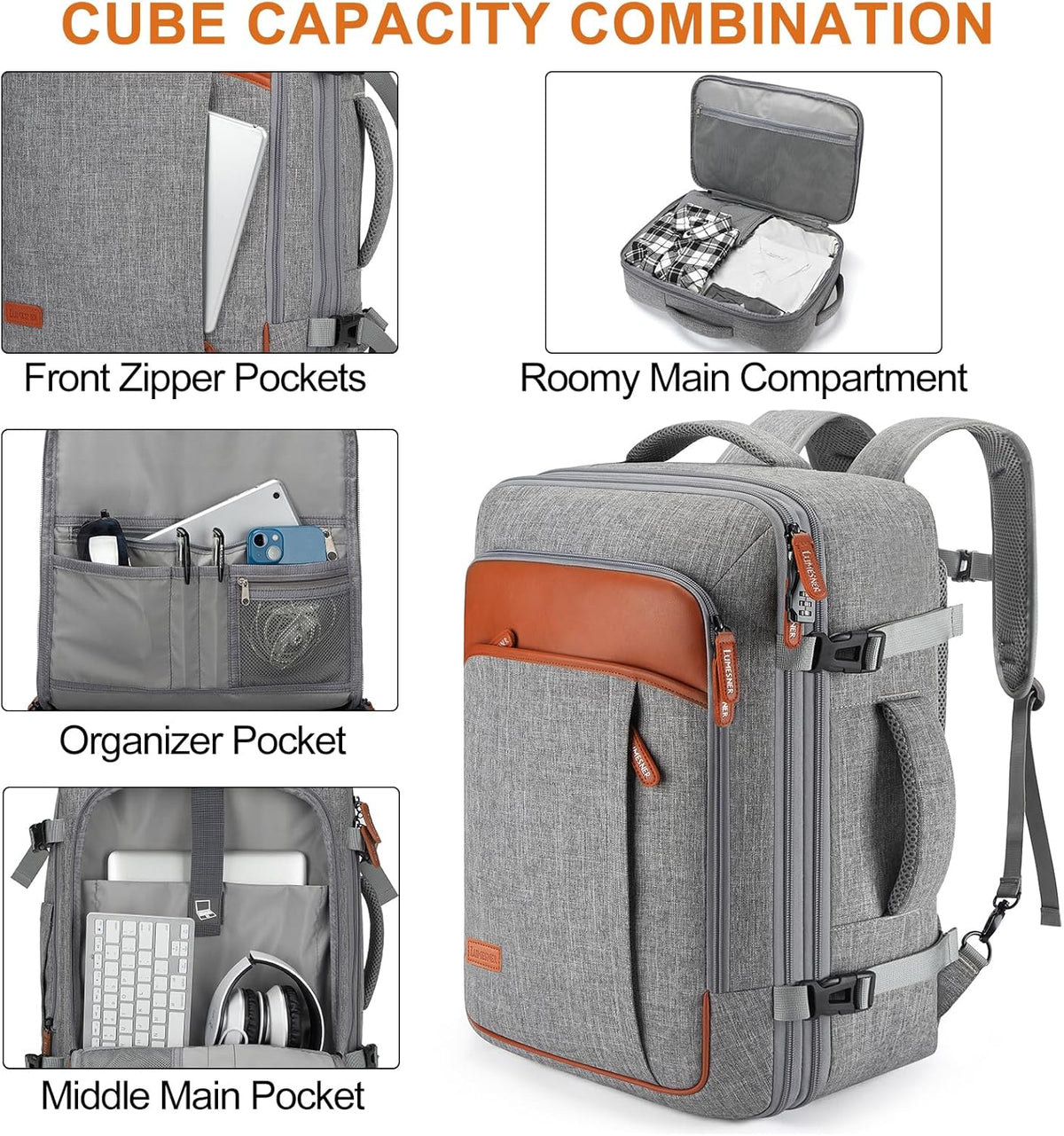 Carry on Travel Backpacks, Extra Large 40L Flight Approved Bag for Men & Women,Expandable Suitcase Backpack With 4 Packing Cubes,Water Resistant Luggage Daypack Business Weekender Bag, Grey