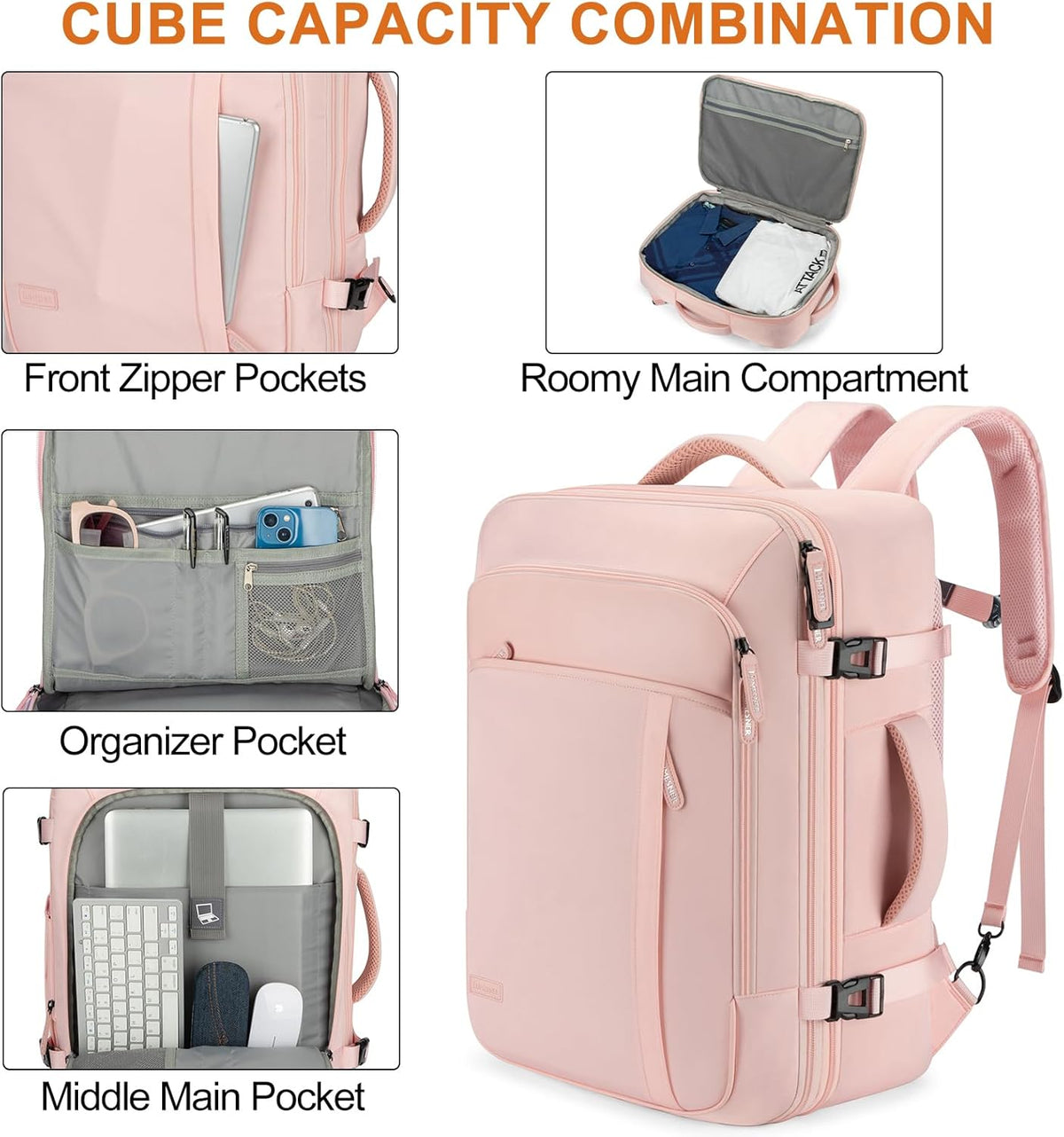 Carry on Travel Backpacks, Extra Large 40L Flight Approved Bag for Men & Women,Expandable Suitcase Backpack With 4 Packing Cubes,Water Resistant Luggage Daypack Business Weekender Bag, Grey