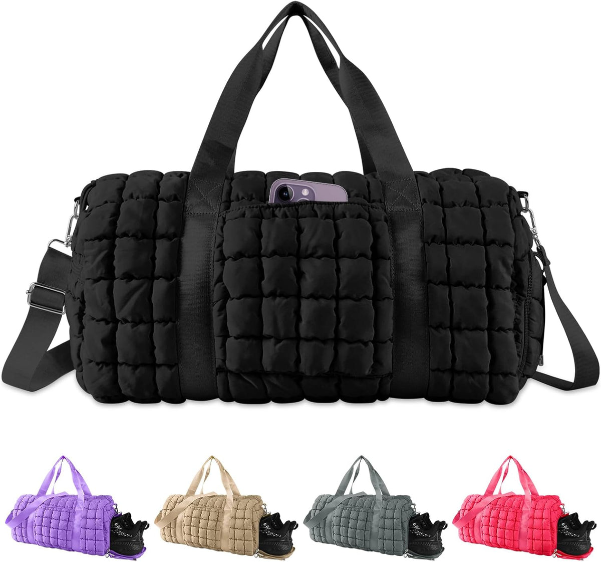 Quilted Travel Duffle Bag Gym Bag for Women,Large Puffer Duffle Weekender Bag with Compartment,Workout Overnight Carry on Organizer Bag Duffle Bag for Airplane Travel(Purple)