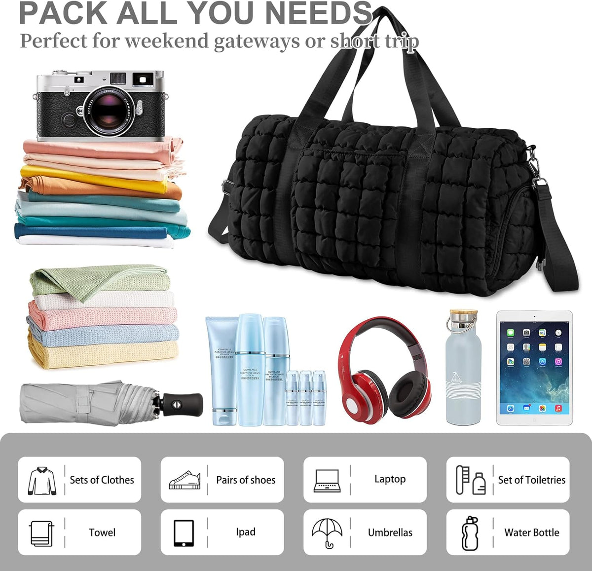Quilted Travel Duffle Bag Gym Bag for Women,Large Puffer Duffle Weekender Bag with Compartment,Workout Overnight Carry on Organizer Bag Duffle Bag for Airplane Travel(Purple)