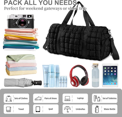 Quilted Travel Duffle Bag Gym Bag for Women,Large Puffer Duffle Weekender Bag with Compartment,Workout Overnight Carry on Organizer Bag Duffle Bag for Airplane Travel(Purple)