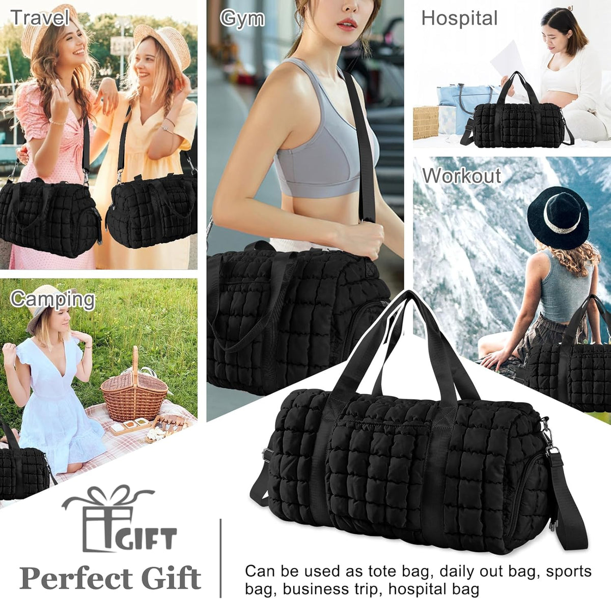 Quilted Travel Duffle Bag Gym Bag for Women,Large Puffer Duffle Weekender Bag with Compartment,Workout Overnight Carry on Organizer Bag Duffle Bag for Airplane Travel(Purple)