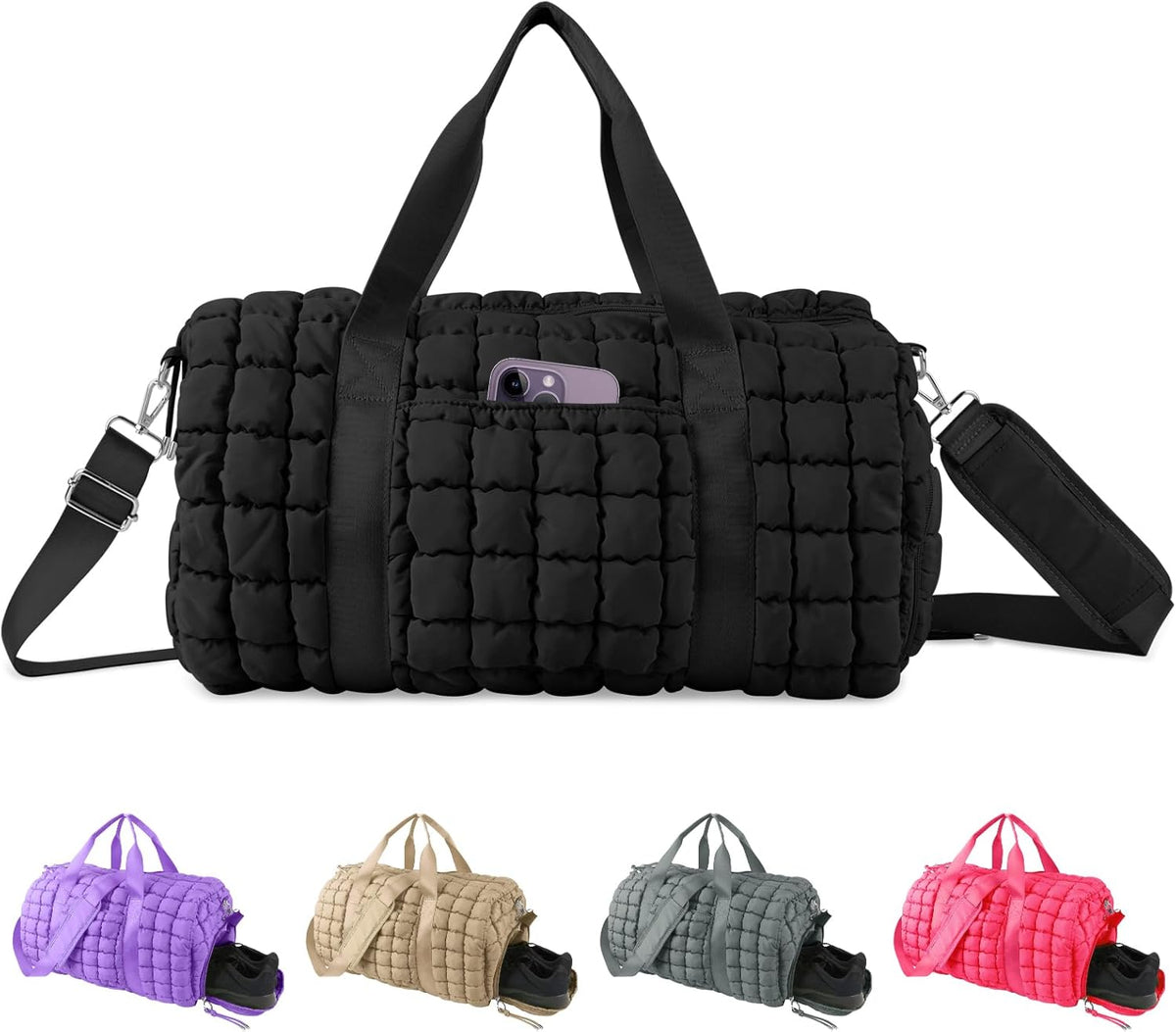 Quilted Travel Duffle Bag Gym Bag for Women,Large Puffer Duffle Weekender Bag with Compartment,Workout Overnight Carry on Organizer Bag Duffle Bag for Airplane Travel(Purple)