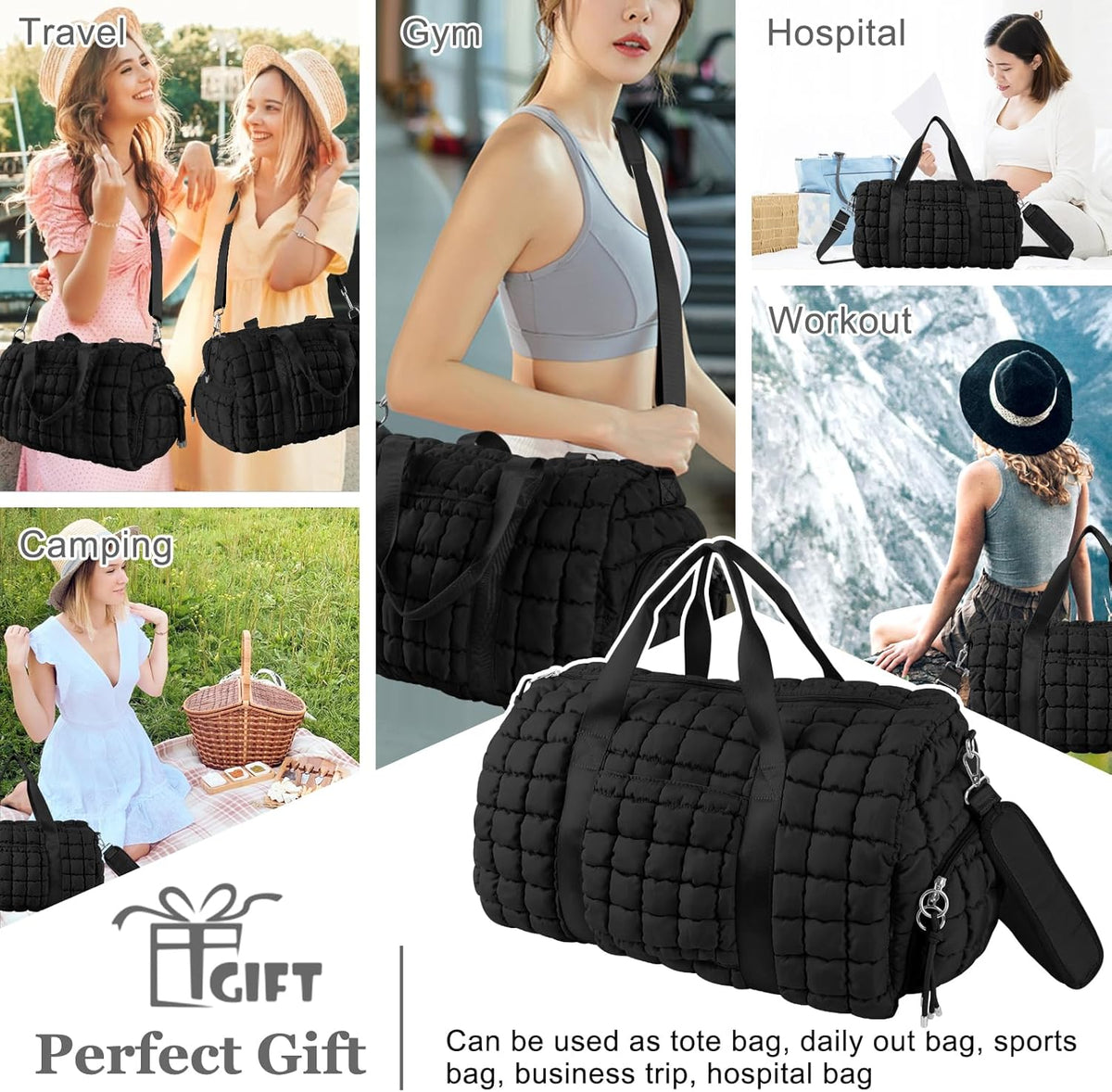 Quilted Travel Duffle Bag Gym Bag for Women,Large Puffer Duffle Weekender Bag with Compartment,Workout Overnight Carry on Organizer Bag Duffle Bag for Airplane Travel(Purple)