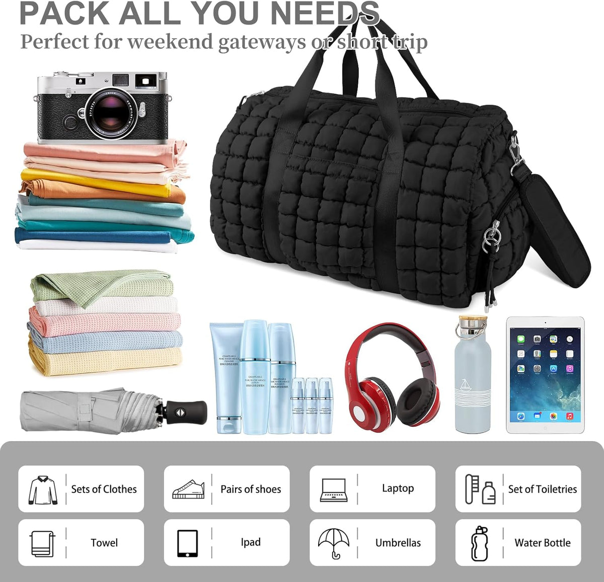 Quilted Travel Duffle Bag Gym Bag for Women,Large Puffer Duffle Weekender Bag with Compartment,Workout Overnight Carry on Organizer Bag Duffle Bag for Airplane Travel(Purple)
