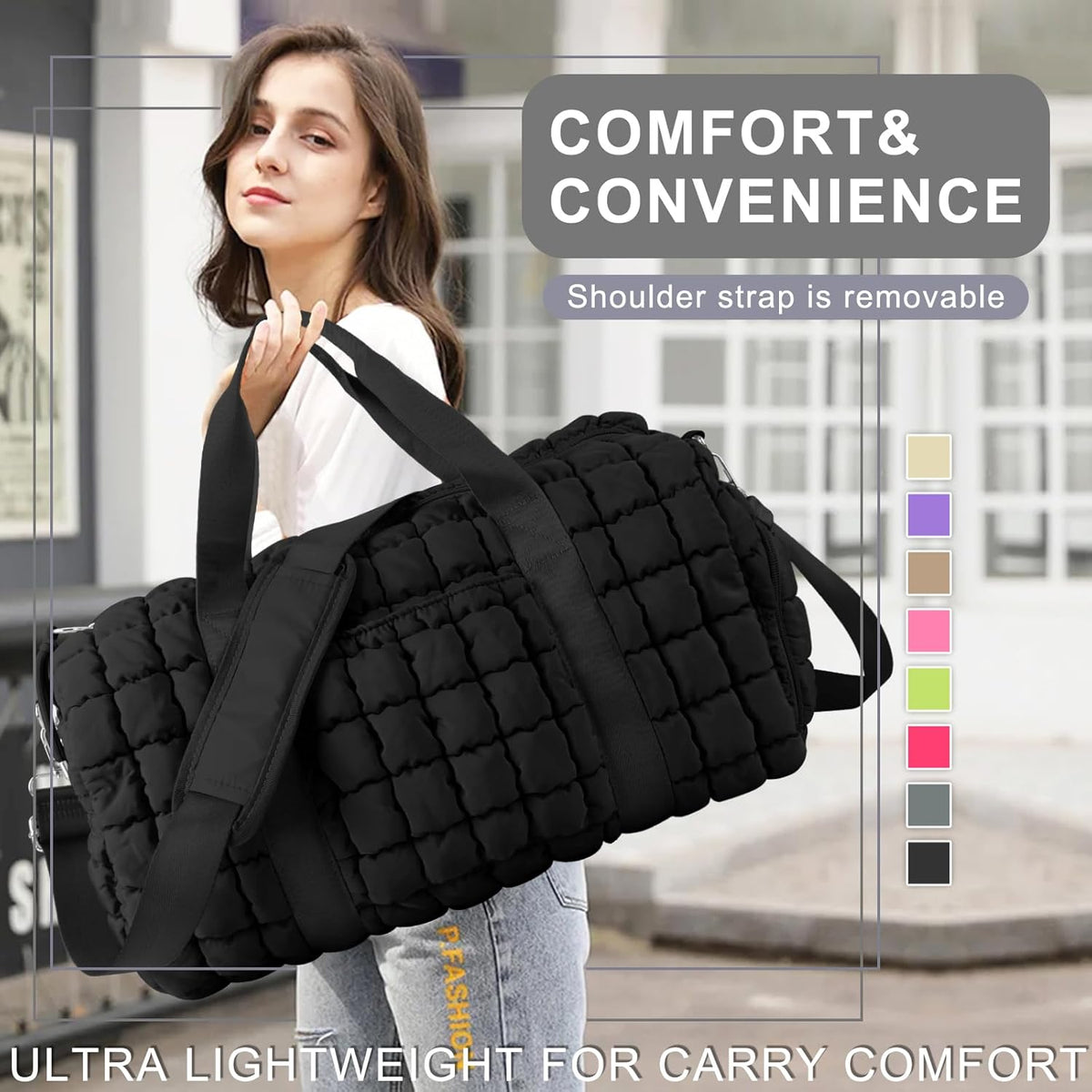 Quilted Travel Duffle Bag Gym Bag for Women,Large Puffer Duffle Weekender Bag with Compartment,Workout Overnight Carry on Organizer Bag Duffle Bag for Airplane Travel(Purple)