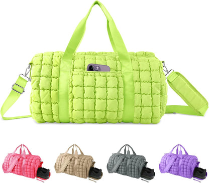 Quilted Travel Duffle Bag Gym Bag for Women,Large Puffer Duffle Weekender Bag with Compartment,Workout Overnight Carry on Organizer Bag Duffle Bag for Airplane Travel(Purple)