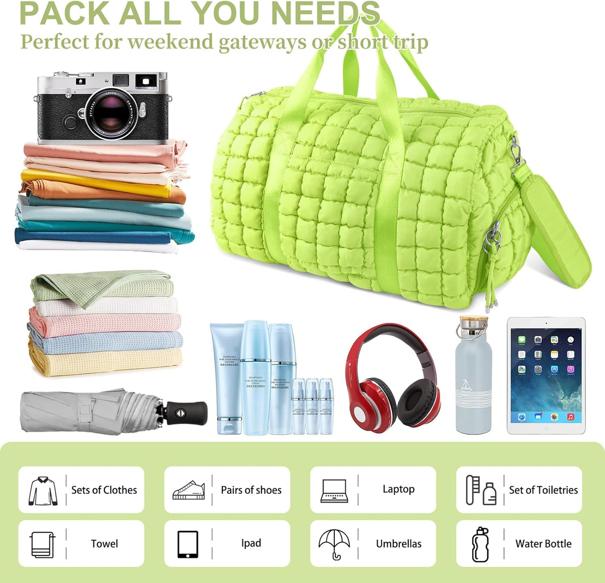 Quilted Travel Duffle Bag Gym Bag for Women,Large Puffer Duffle Weekender Bag with Compartment,Workout Overnight Carry on Organizer Bag Duffle Bag for Airplane Travel(Purple)