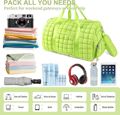 Quilted Travel Duffle Bag Gym Bag for Women,Large Puffer Duffle Weekender Bag with Compartment,Workout Overnight Carry on Organizer Bag Duffle Bag for Airplane Travel(Purple)