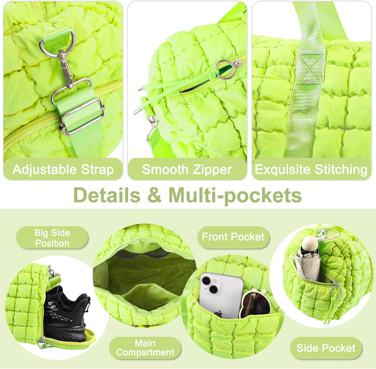 Quilted Travel Duffle Bag Gym Bag for Women,Large Puffer Duffle Weekender Bag with Compartment,Workout Overnight Carry on Organizer Bag Duffle Bag for Airplane Travel(Purple)