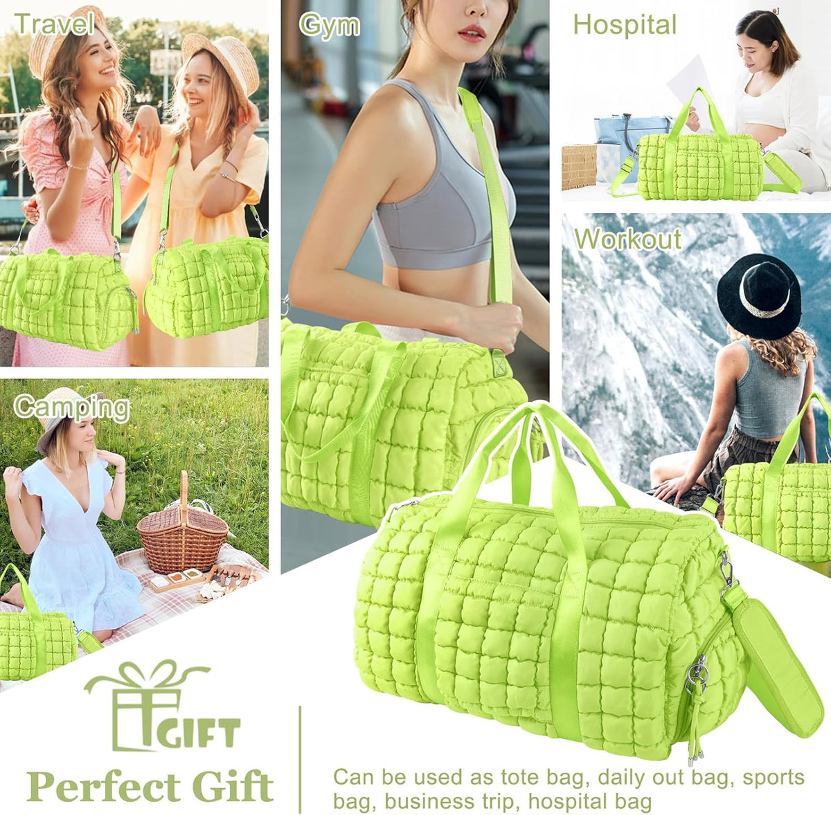 Quilted Travel Duffle Bag Gym Bag for Women,Large Puffer Duffle Weekender Bag with Compartment,Workout Overnight Carry on Organizer Bag Duffle Bag for Airplane Travel(Purple)