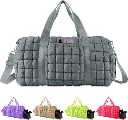 Quilted Travel Duffle Bag Gym Bag for Women,Large Puffer Duffle Weekender Bag with Compartment,Workout Overnight Carry on Organizer Bag Duffle Bag for Airplane Travel(Purple)