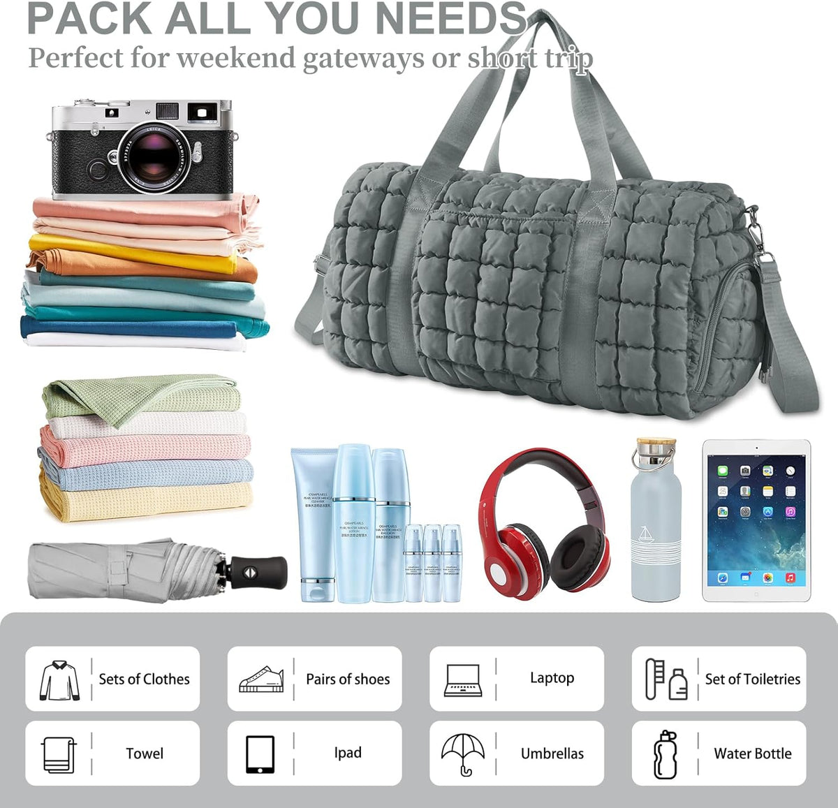 Quilted Travel Duffle Bag Gym Bag for Women,Large Puffer Duffle Weekender Bag with Compartment,Workout Overnight Carry on Organizer Bag Duffle Bag for Airplane Travel(Purple)