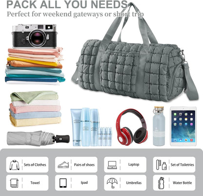 Quilted Travel Duffle Bag Gym Bag for Women,Large Puffer Duffle Weekender Bag with Compartment,Workout Overnight Carry on Organizer Bag Duffle Bag for Airplane Travel(Purple)