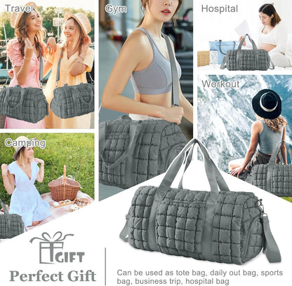 Quilted Travel Duffle Bag Gym Bag for Women,Large Puffer Duffle Weekender Bag with Compartment,Workout Overnight Carry on Organizer Bag Duffle Bag for Airplane Travel(Purple)