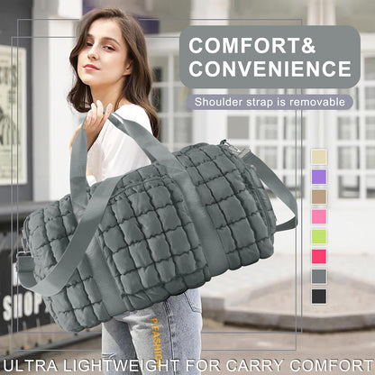 Quilted Travel Duffle Bag Gym Bag for Women,Large Puffer Duffle Weekender Bag with Compartment,Workout Overnight Carry on Organizer Bag Duffle Bag for Airplane Travel(Purple)
