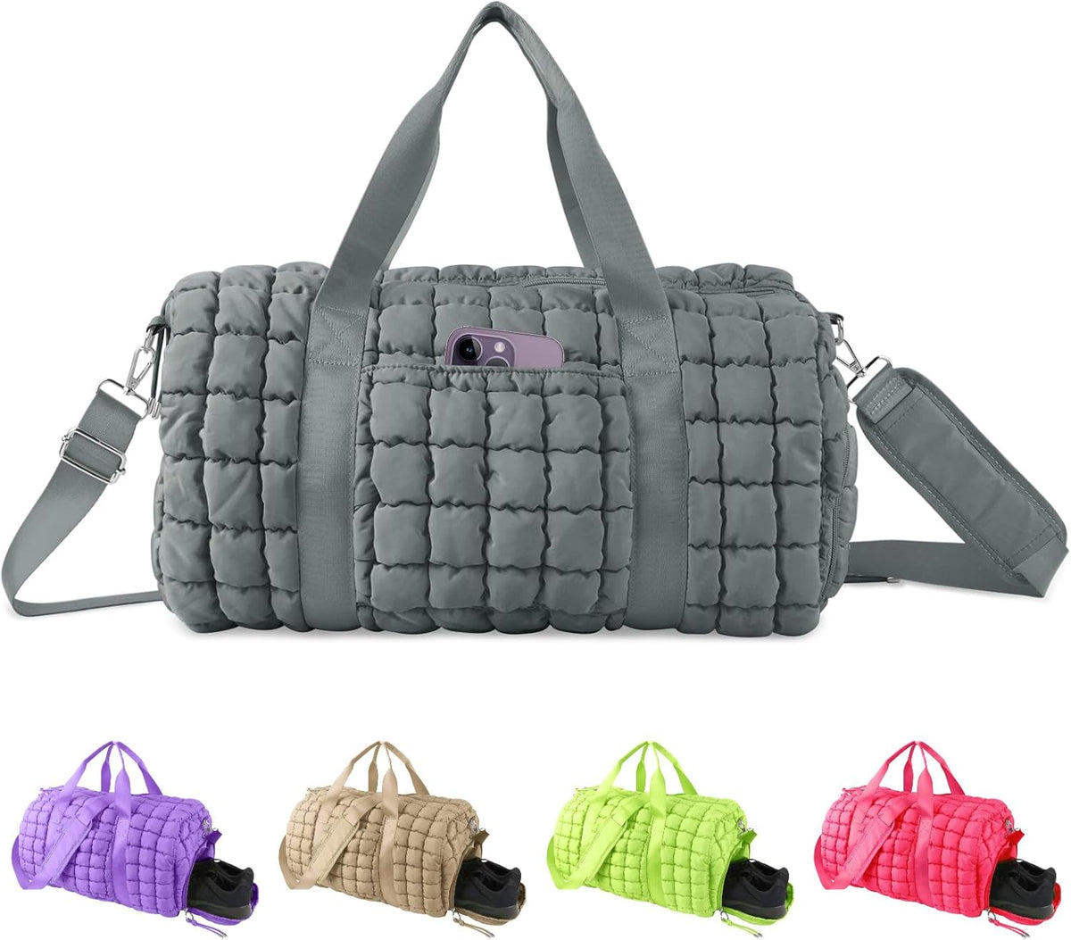 Quilted Travel Duffle Bag Gym Bag for Women,Large Puffer Duffle Weekender Bag with Compartment,Workout Overnight Carry on Organizer Bag Duffle Bag for Airplane Travel(Purple)