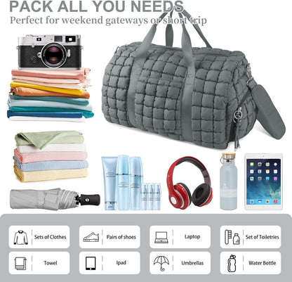 Quilted Travel Duffle Bag Gym Bag for Women,Large Puffer Duffle Weekender Bag with Compartment,Workout Overnight Carry on Organizer Bag Duffle Bag for Airplane Travel(Purple)
