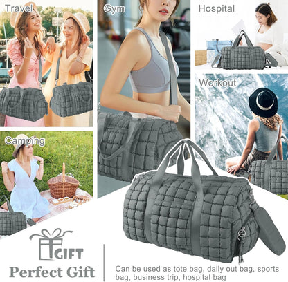 Quilted Travel Duffle Bag Gym Bag for Women,Large Puffer Duffle Weekender Bag with Compartment,Workout Overnight Carry on Organizer Bag Duffle Bag for Airplane Travel(Purple)
