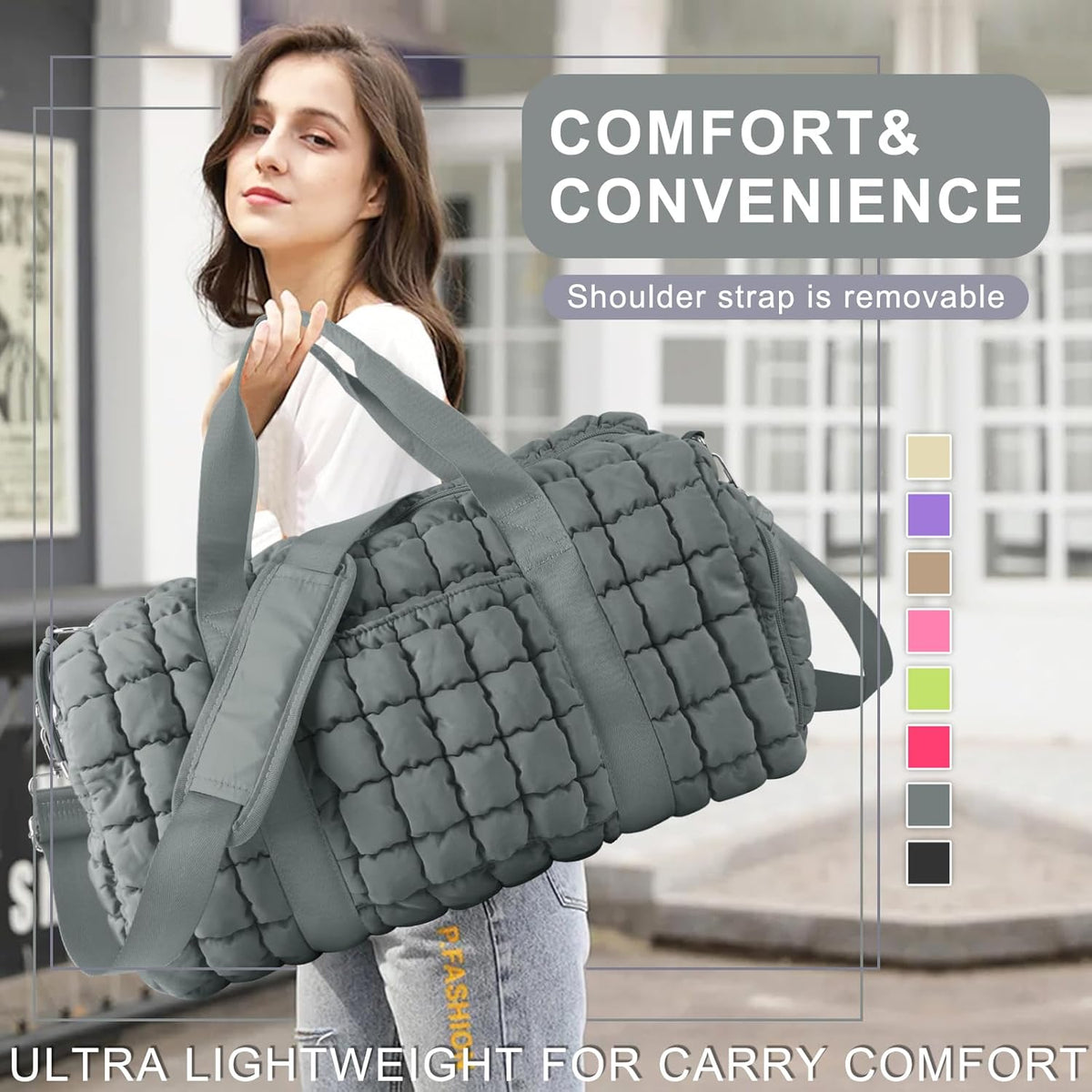 Quilted Travel Duffle Bag Gym Bag for Women,Large Puffer Duffle Weekender Bag with Compartment,Workout Overnight Carry on Organizer Bag Duffle Bag for Airplane Travel(Purple)