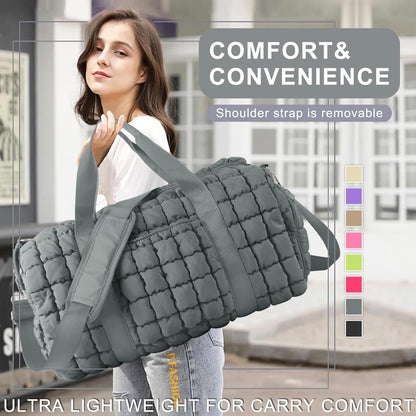 Quilted Travel Duffle Bag Gym Bag for Women,Large Puffer Duffle Weekender Bag with Compartment,Workout Overnight Carry on Organizer Bag Duffle Bag for Airplane Travel(Purple)