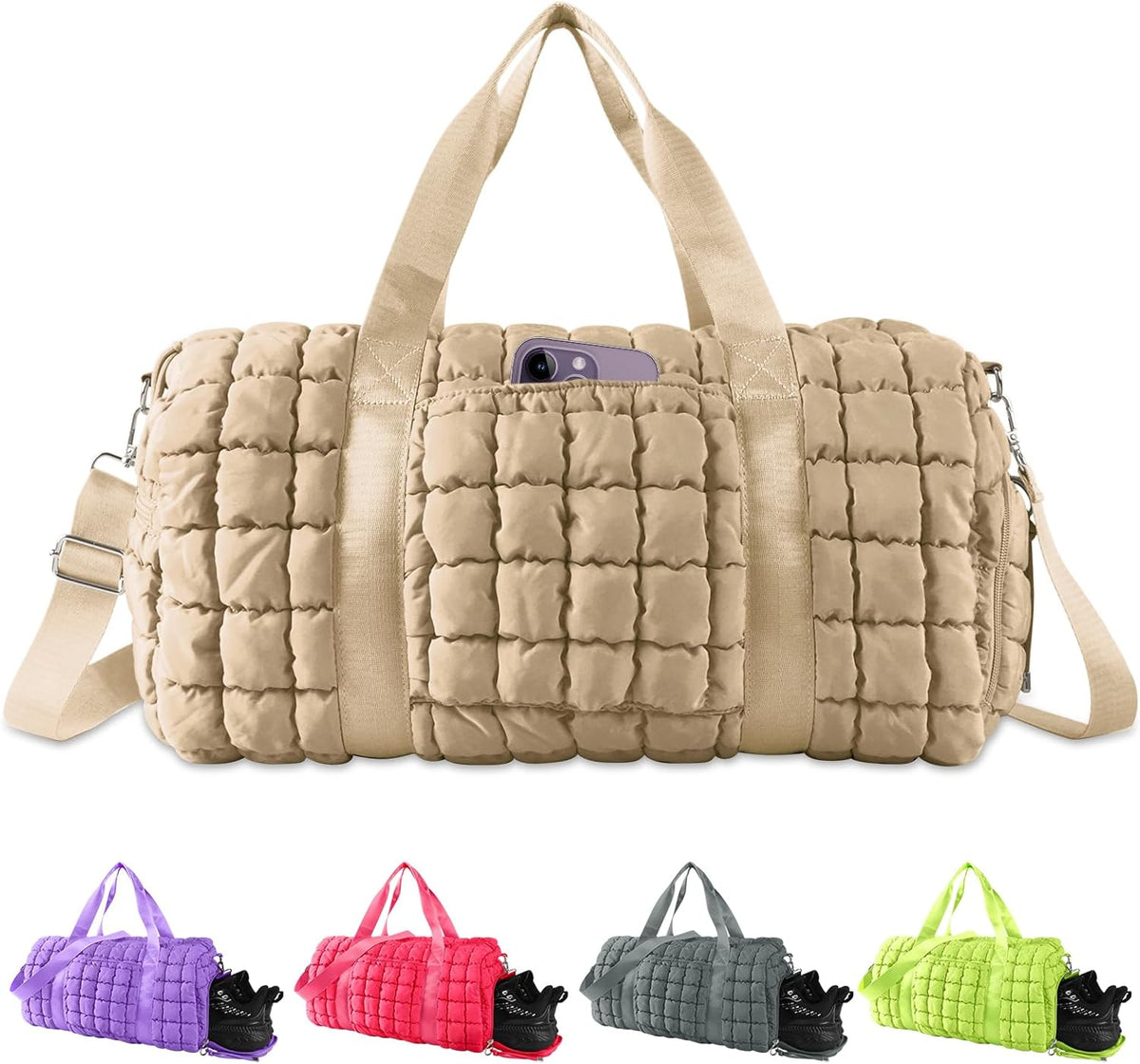 Quilted Travel Duffle Bag Gym Bag for Women,Large Puffer Duffle Weekender Bag with Compartment,Workout Overnight Carry on Organizer Bag Duffle Bag for Airplane Travel(Purple)