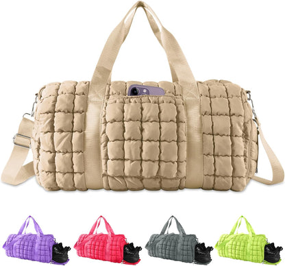 Quilted Travel Duffle Bag Gym Bag for Women,Large Puffer Duffle Weekender Bag with Compartment,Workout Overnight Carry on Organizer Bag Duffle Bag for Airplane Travel(Purple)