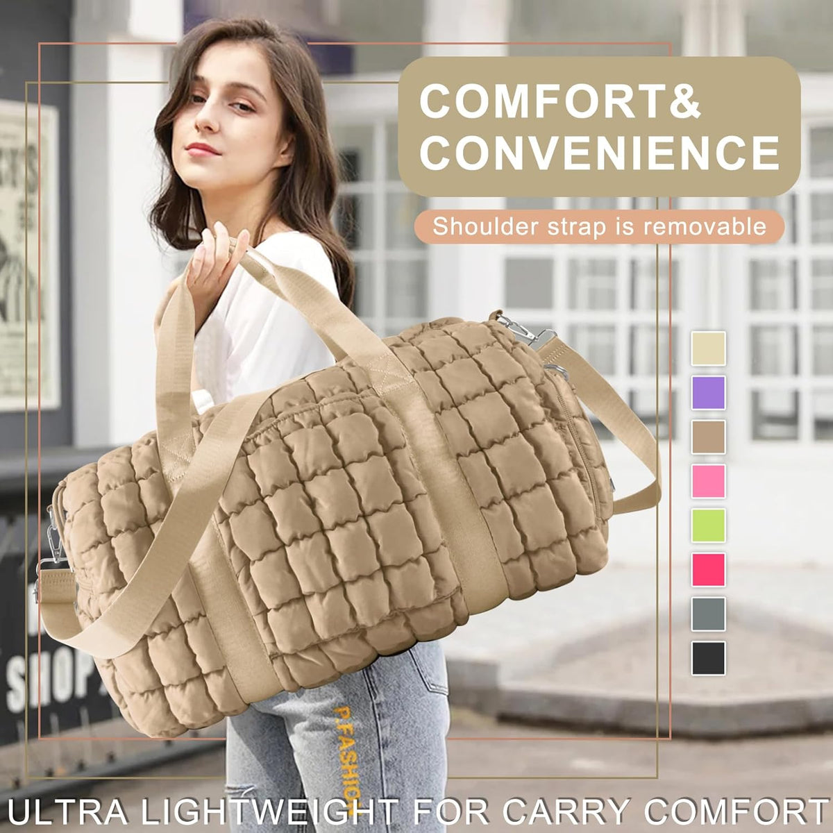 Quilted Travel Duffle Bag Gym Bag for Women,Large Puffer Duffle Weekender Bag with Compartment,Workout Overnight Carry on Organizer Bag Duffle Bag for Airplane Travel(Purple)