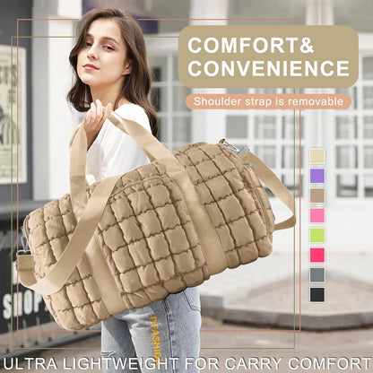 Quilted Travel Duffle Bag Gym Bag for Women,Large Puffer Duffle Weekender Bag with Compartment,Workout Overnight Carry on Organizer Bag Duffle Bag for Airplane Travel(Purple)