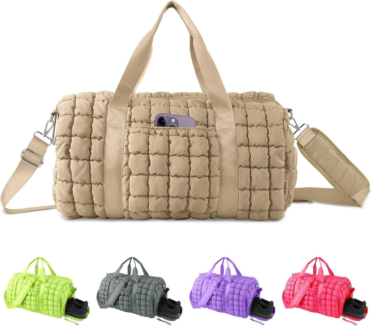 Quilted Travel Duffle Bag Gym Bag for Women,Large Puffer Duffle Weekender Bag with Compartment,Workout Overnight Carry on Organizer Bag Duffle Bag for Airplane Travel(Purple)