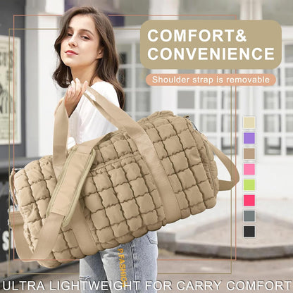 Quilted Travel Duffle Bag Gym Bag for Women,Large Puffer Duffle Weekender Bag with Compartment,Workout Overnight Carry on Organizer Bag Duffle Bag for Airplane Travel(Purple)