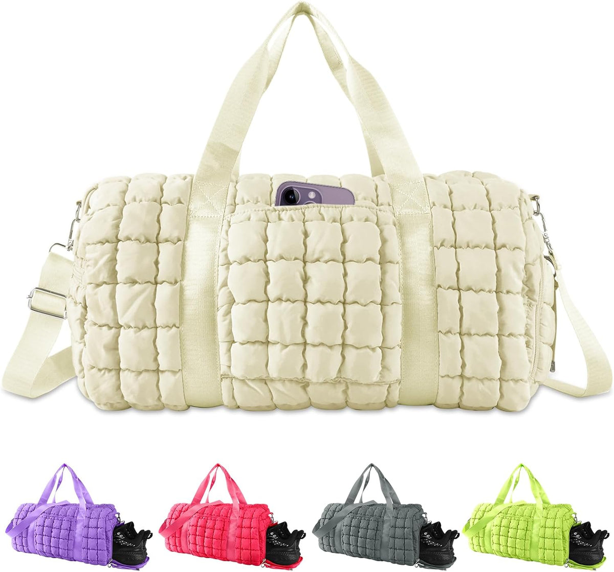 Quilted Travel Duffle Bag Gym Bag for Women,Large Puffer Duffle Weekender Bag with Compartment,Workout Overnight Carry on Organizer Bag Duffle Bag for Airplane Travel(Purple)