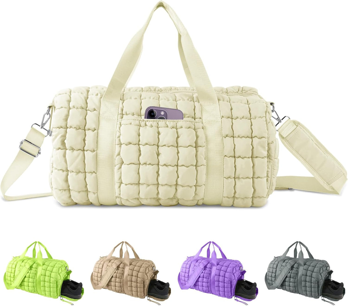 Quilted Travel Duffle Bag Gym Bag for Women,Large Puffer Duffle Weekender Bag with Compartment,Workout Overnight Carry on Organizer Bag Duffle Bag for Airplane Travel(Purple)