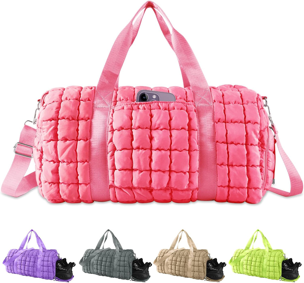 Quilted Travel Duffle Bag Gym Bag for Women,Large Puffer Duffle Weekender Bag with Compartment,Workout Overnight Carry on Organizer Bag Duffle Bag for Airplane Travel(Purple)