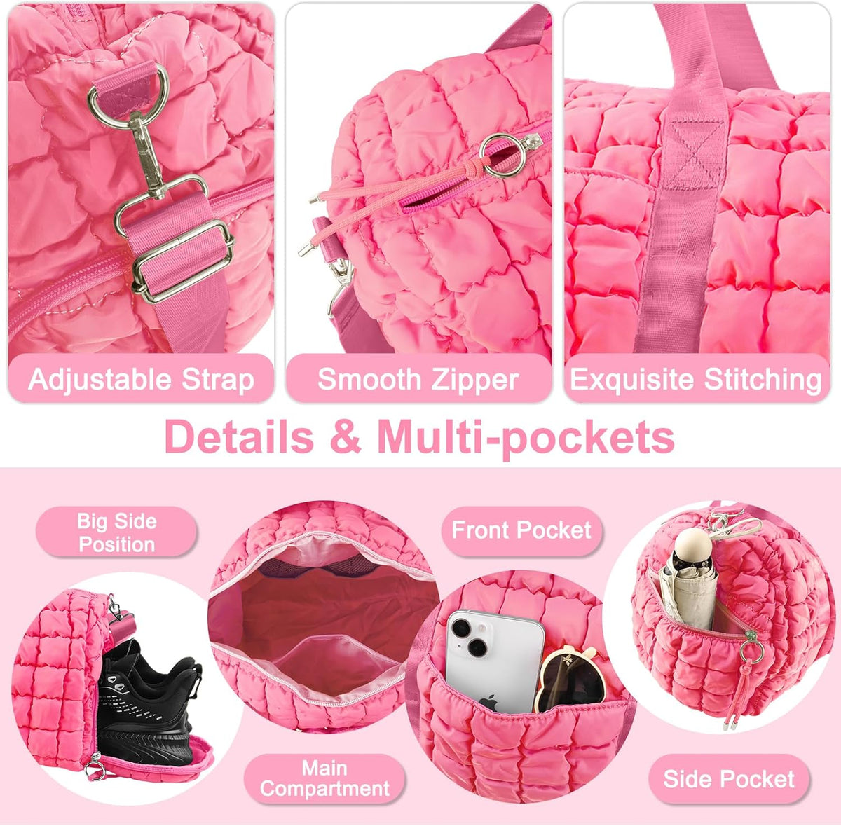 Quilted Travel Duffle Bag Gym Bag for Women,Large Puffer Duffle Weekender Bag with Compartment,Workout Overnight Carry on Organizer Bag Duffle Bag for Airplane Travel(Purple)