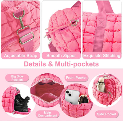 Quilted Travel Duffle Bag Gym Bag for Women,Large Puffer Duffle Weekender Bag with Compartment,Workout Overnight Carry on Organizer Bag Duffle Bag for Airplane Travel(Purple)