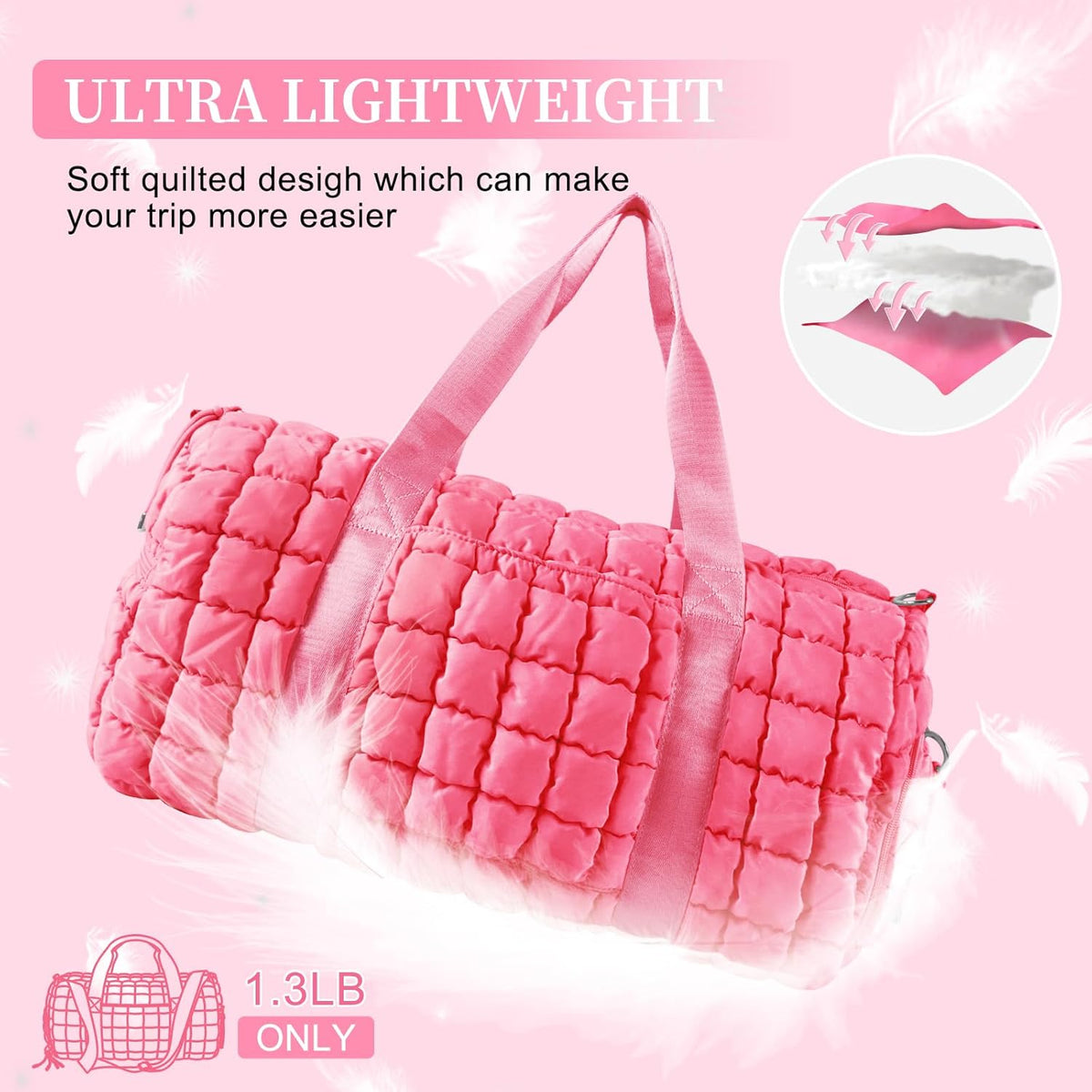 Quilted Travel Duffle Bag Gym Bag for Women,Large Puffer Duffle Weekender Bag with Compartment,Workout Overnight Carry on Organizer Bag Duffle Bag for Airplane Travel(Purple)