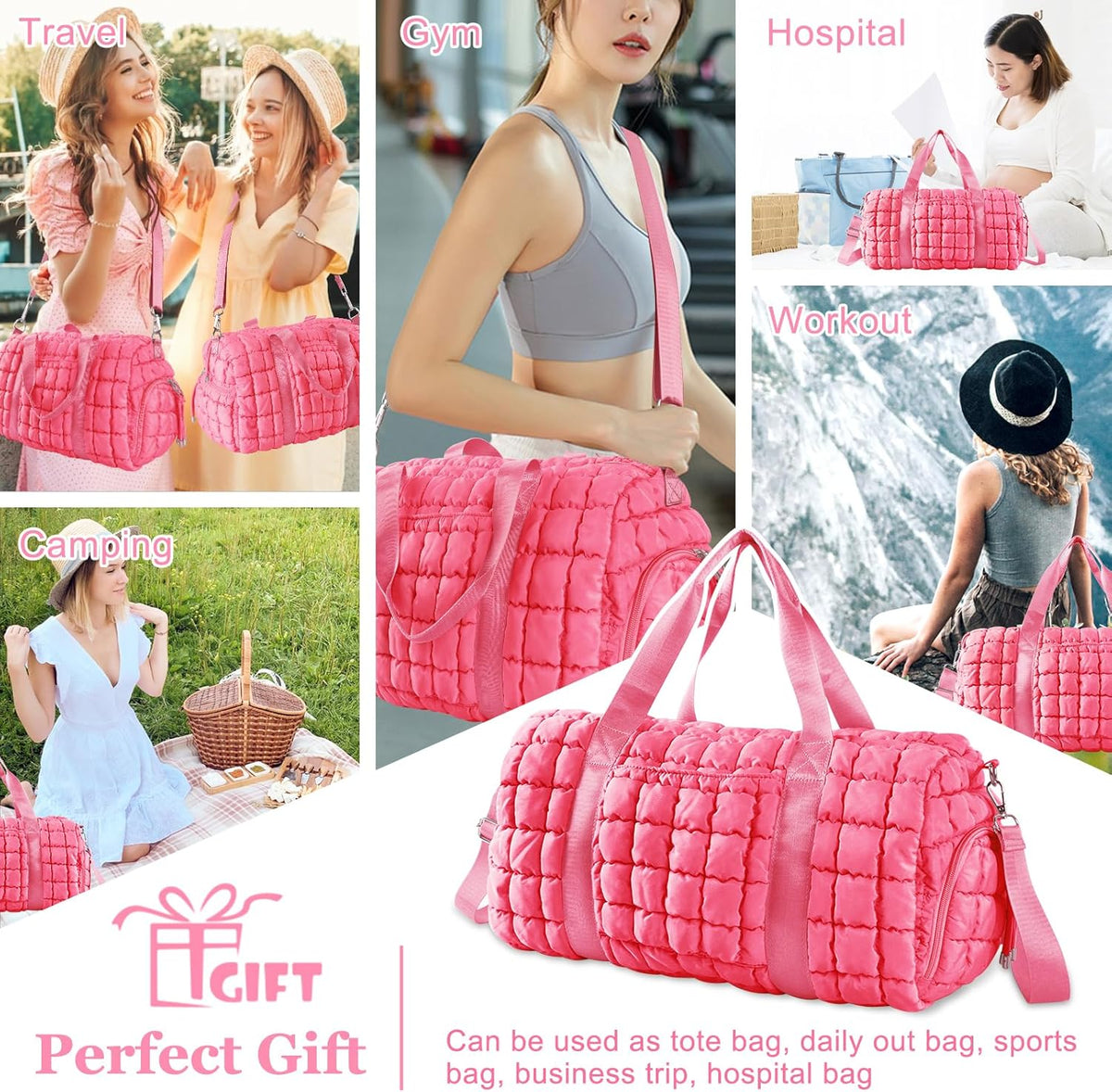 Quilted Travel Duffle Bag Gym Bag for Women,Large Puffer Duffle Weekender Bag with Compartment,Workout Overnight Carry on Organizer Bag Duffle Bag for Airplane Travel(Purple)