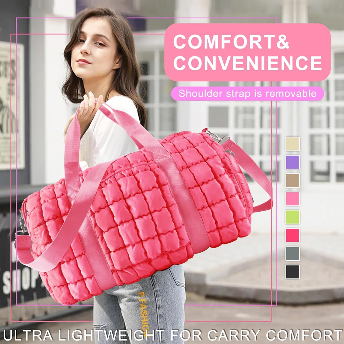 Quilted Travel Duffle Bag Gym Bag for Women,Large Puffer Duffle Weekender Bag with Compartment,Workout Overnight Carry on Organizer Bag Duffle Bag for Airplane Travel(Purple)