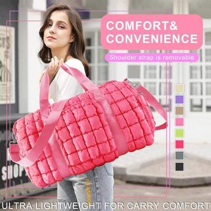 Quilted Travel Duffle Bag Gym Bag for Women,Large Puffer Duffle Weekender Bag with Compartment,Workout Overnight Carry on Organizer Bag Duffle Bag for Airplane Travel(Purple)